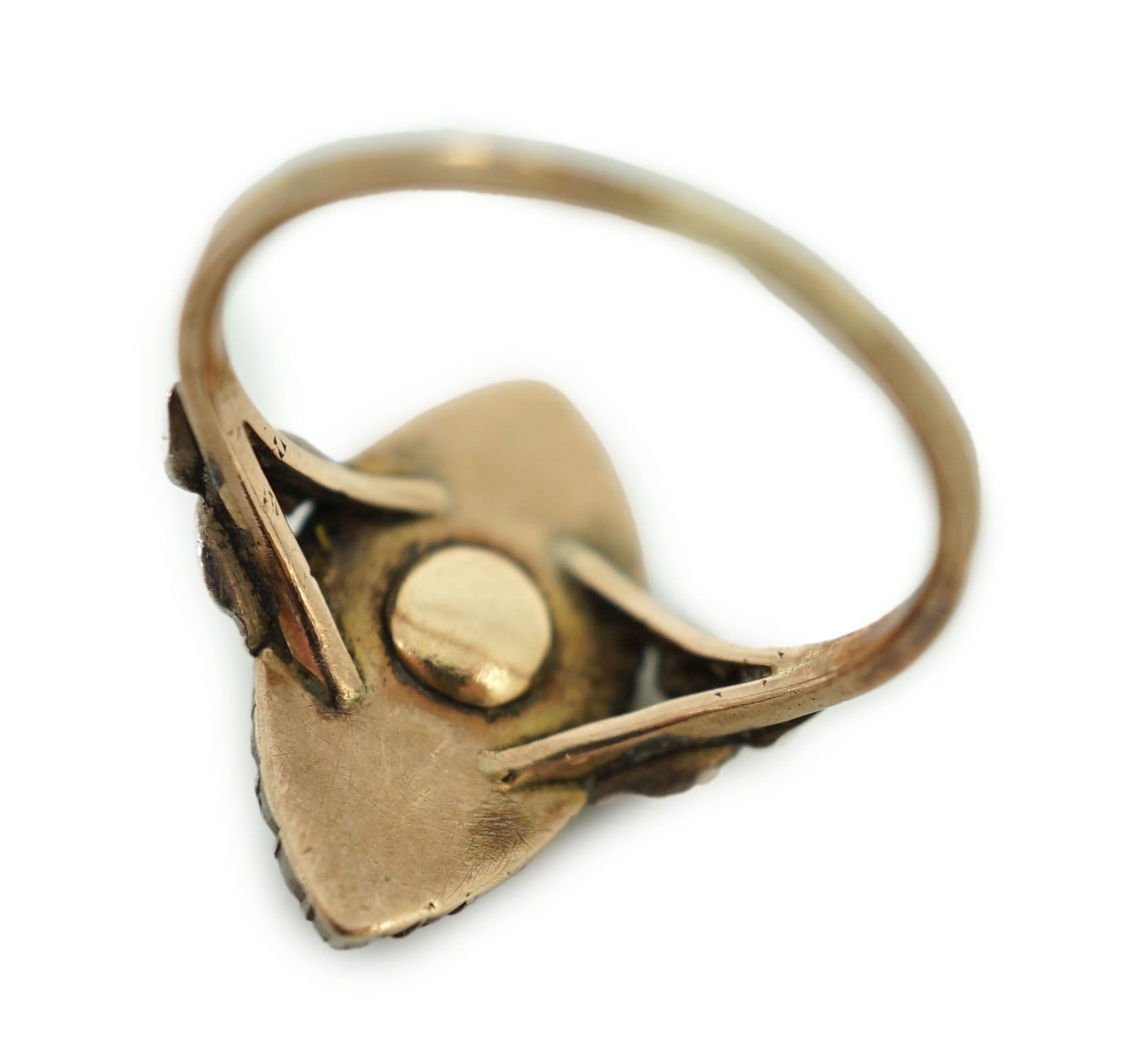 An 19th century gold, rose cut diamond and blue guilloche enamel set marquise shaped ring